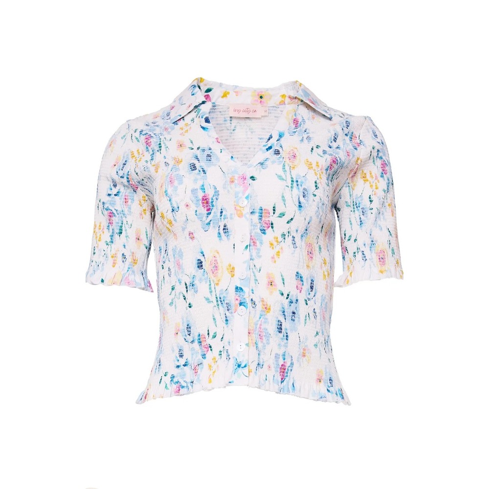 Ivy City Co Elysia Top Smocked Floral Button Down Blue White Cottagecore Large - Picture 2 of 8